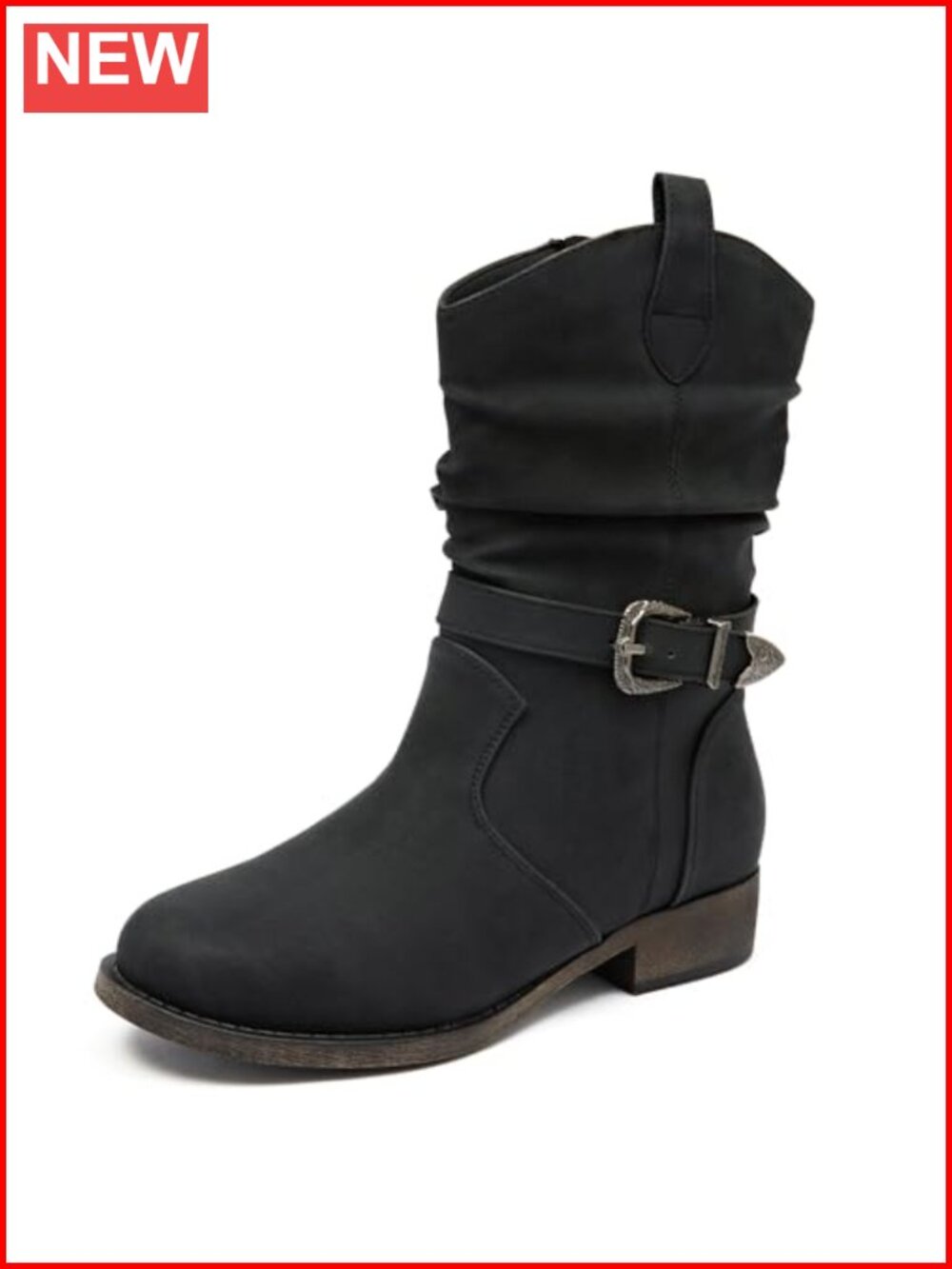 Women's Mid-Calf Cowboy Boots Faux Leather Zip Low Heel Round Toe